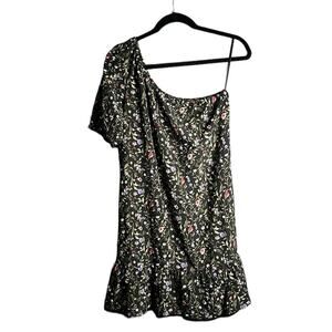 French Grey Black Floral One Shoulder Dress With Ruffle Hem Size Medium